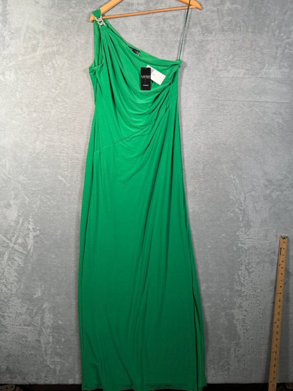 Lauren Ralph Lauren Dress Womens 10 Green One Shoulder Rhinestone Gown $195